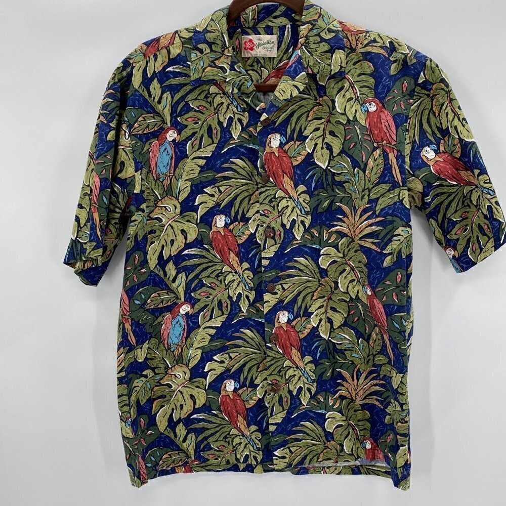 The Hawaiian Original Blue/Green Parrot Print Button Down Casual Shirt Men's Siz